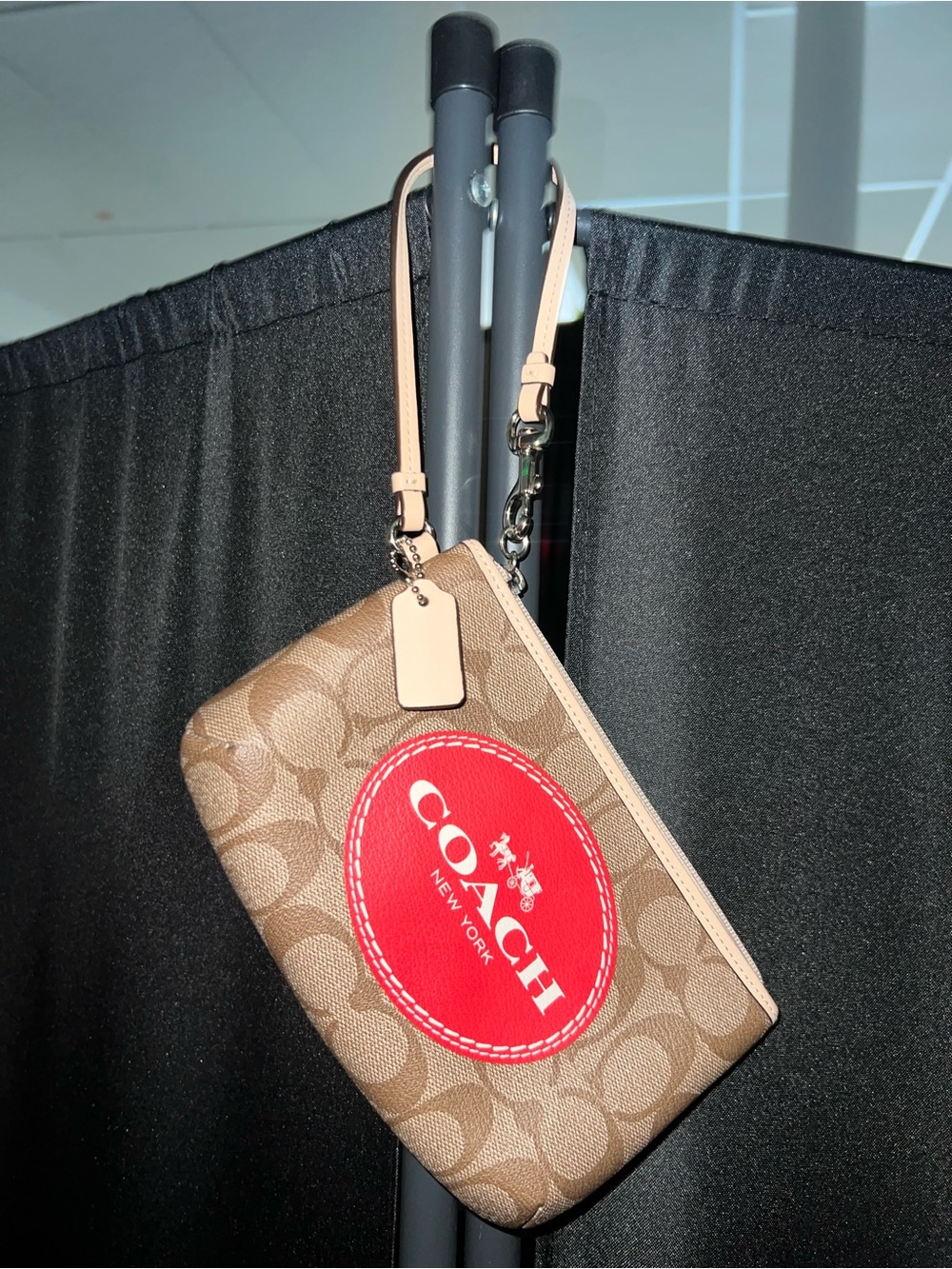 Coach Brown Signature Canvas Wristlet with Red Logo Patch